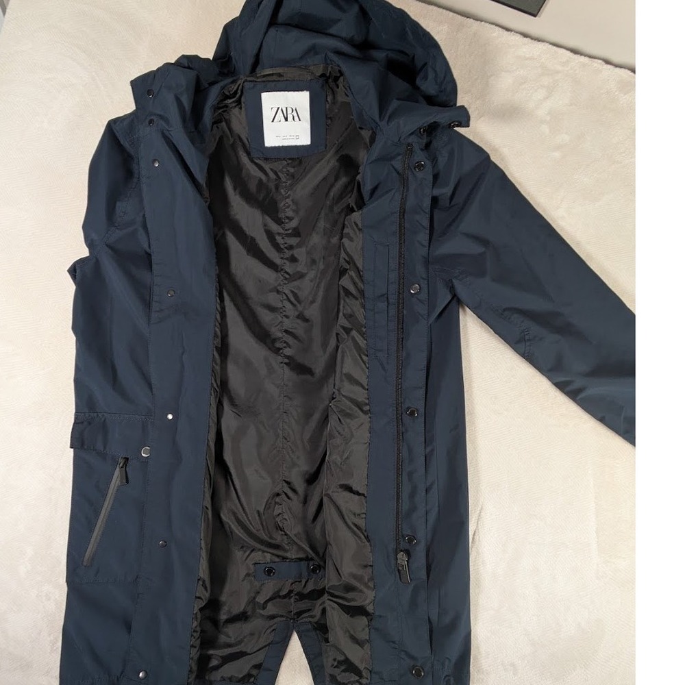 Zara Navy Blue Hooded Rain Trench - Picture 5 of 10